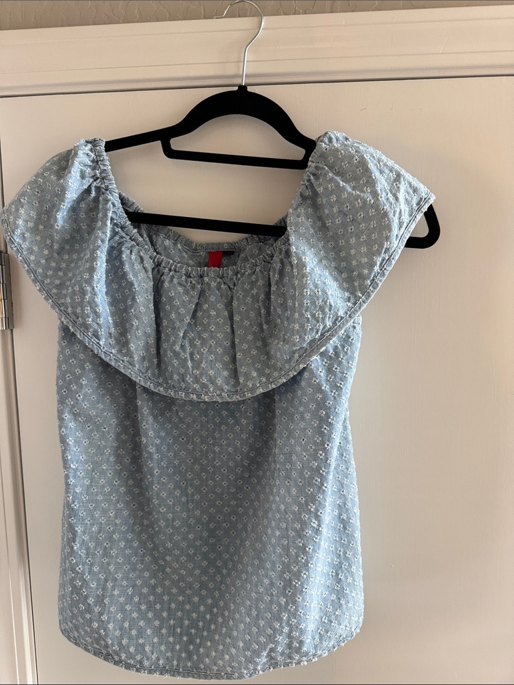 Light Blue Eyelet Off-Shoulder Ruffle Crop Top